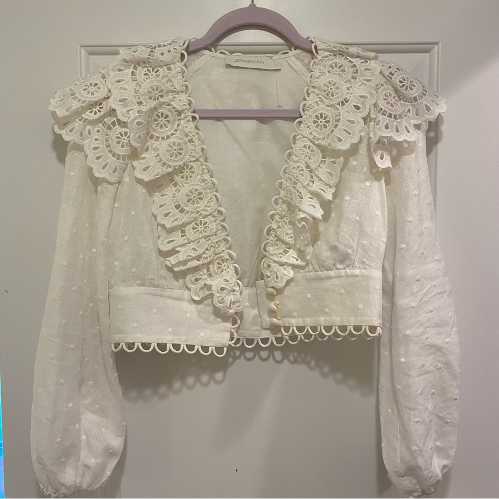 Zimmermann Bellitude Linen embroidered puff sleeves crop top size 1